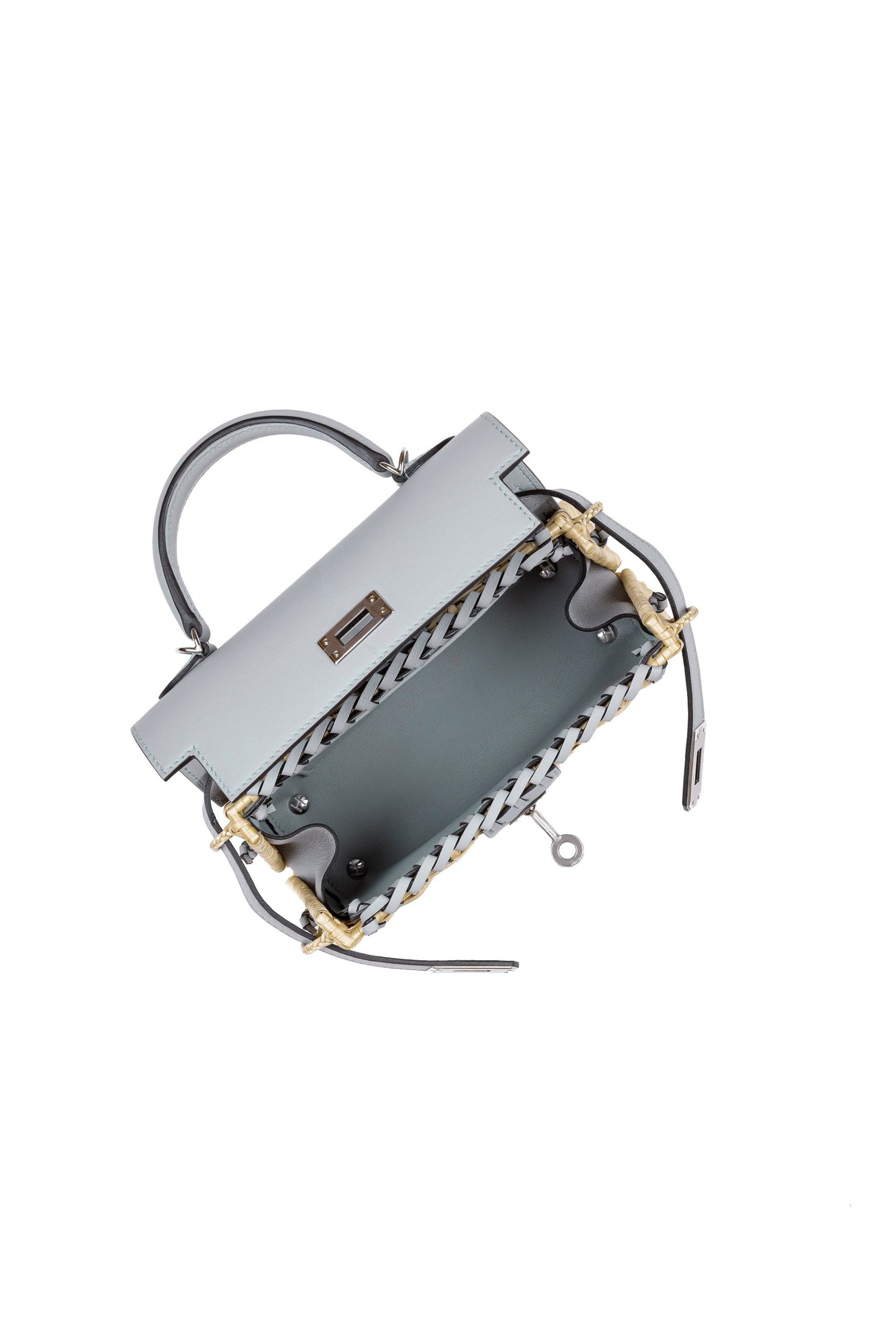Kelly 20 Bleu Glacier in Swift and Naturel Osier Wicker Leather with Palladium Hardware