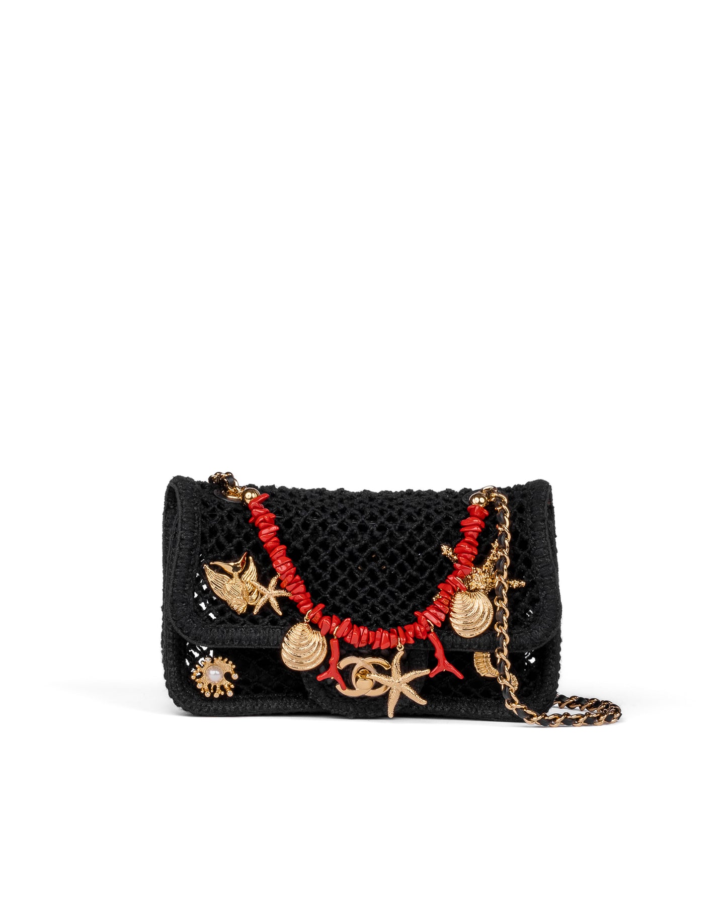 Chanel Small Flap Bag in Black Mesh with Gold-Tone Metal Charms