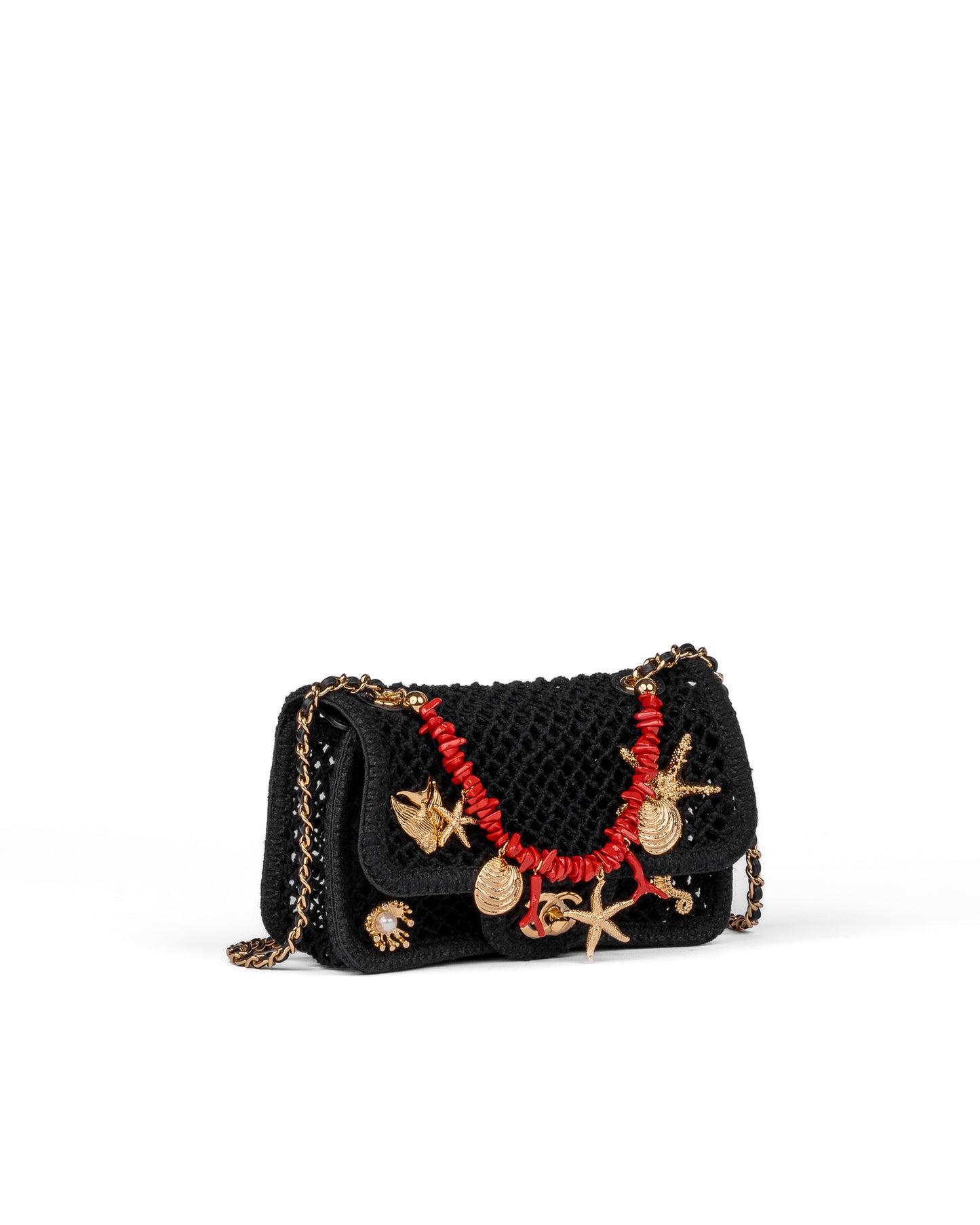 Chanel Small Flap Bag in Black Mesh with Gold-Tone Metal Charms