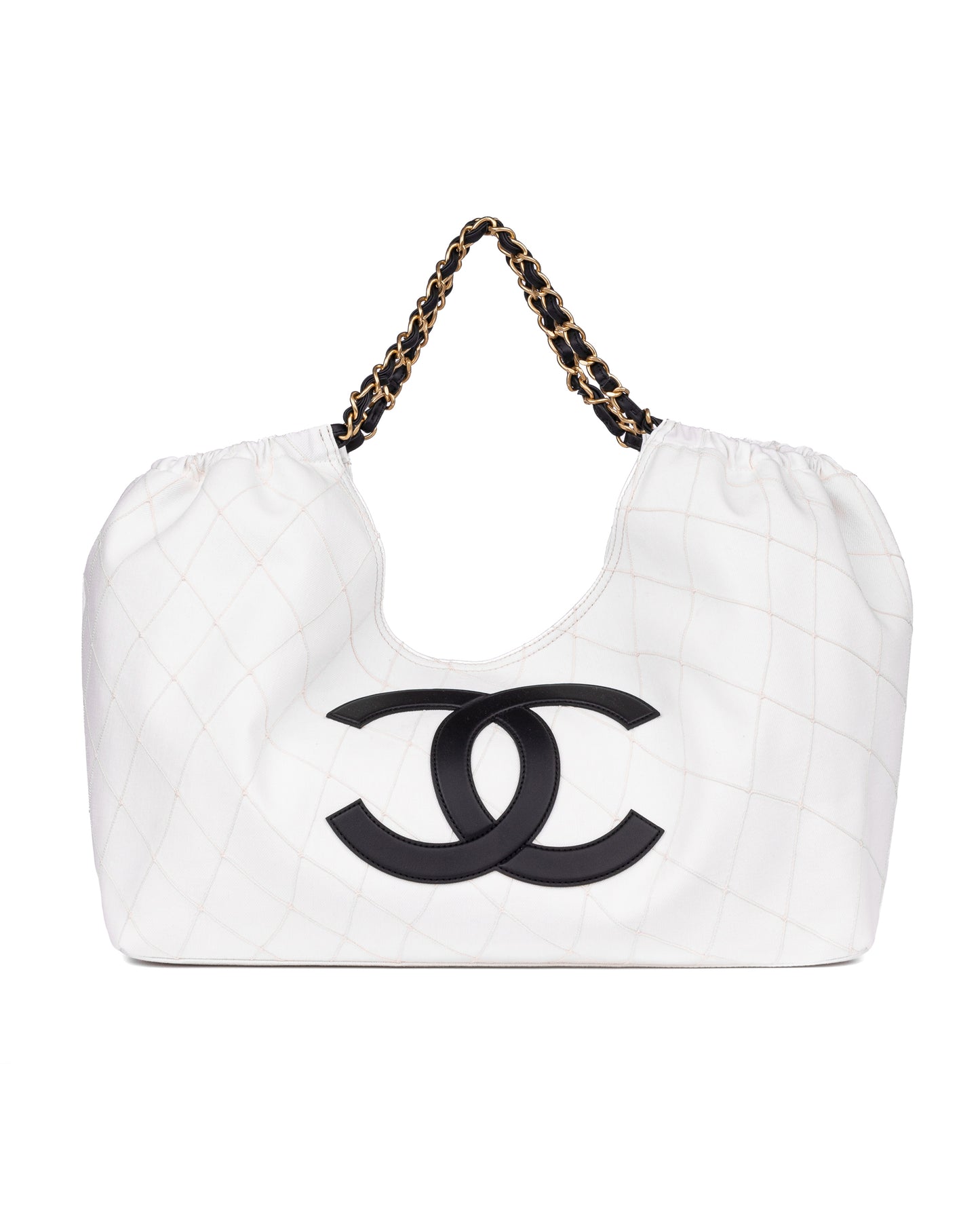 Chanel Large Tote in White Denim with Black Leather CC Logo and Gold-Tone Metal