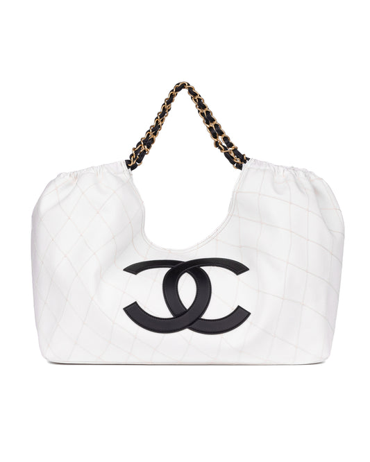 Chanel Large Tote in White Denim with Black Leather CC Logo and Gold-Tone Metal