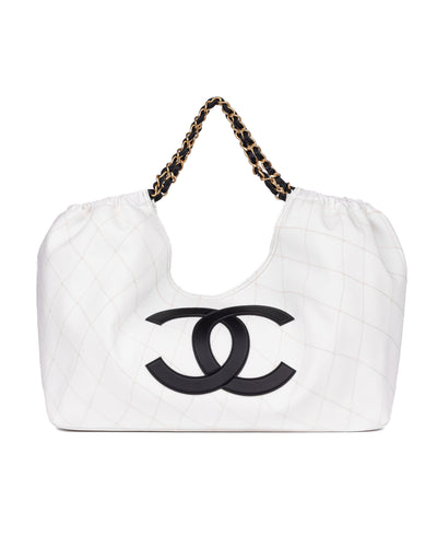 Chanel Large Tote in White Denim with Black Leather CC Logo and Gold-Tone Metal