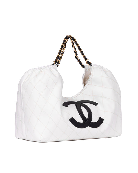 Chanel Large Tote in White Denim with Black Leather CC Logo and Gold-Tone Metal