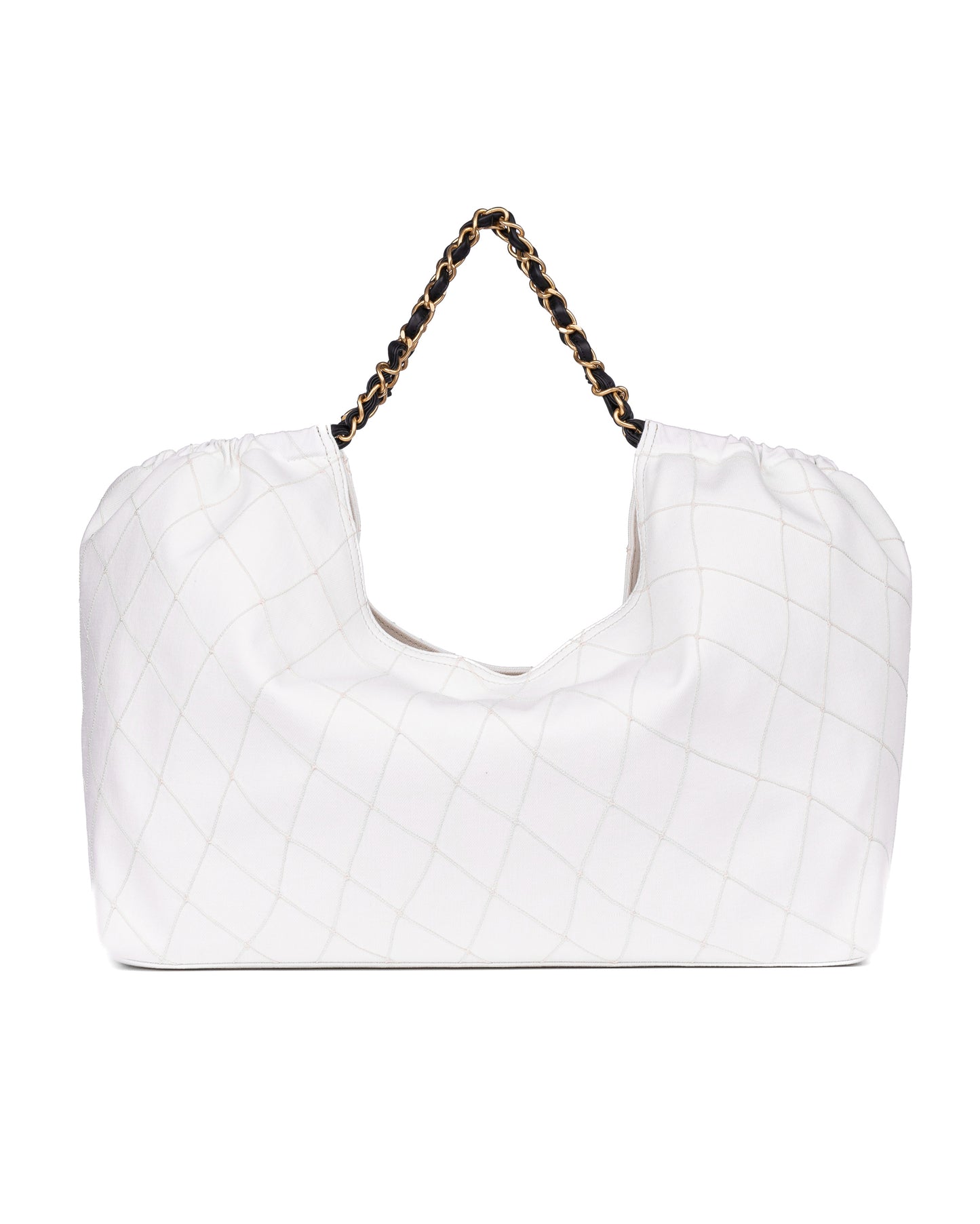 Chanel Large Tote in White Denim with Black Leather CC Logo and Gold-Tone Metal