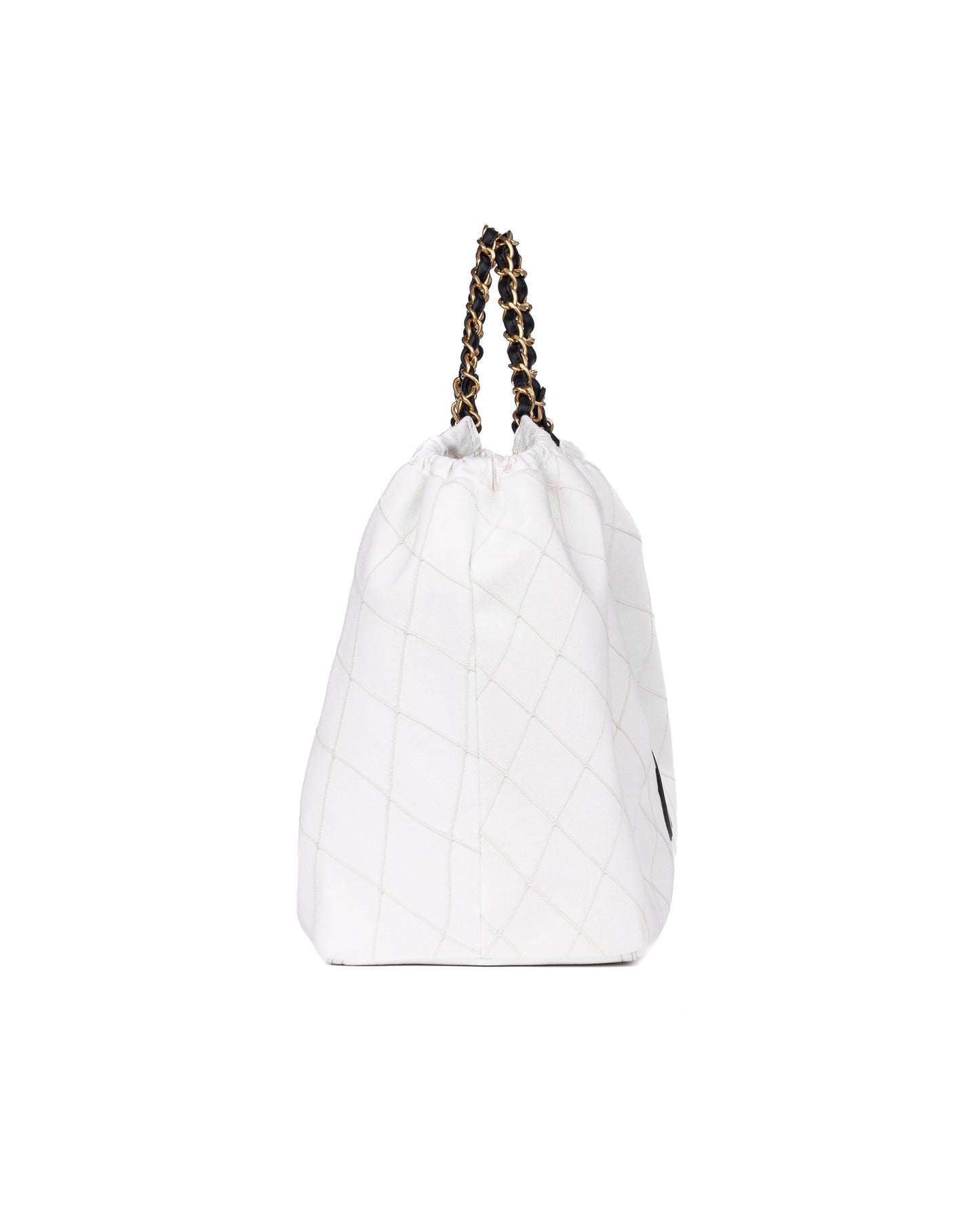 Chanel Large Tote in White Denim with Black Leather CC Logo and Gold-Tone Metal