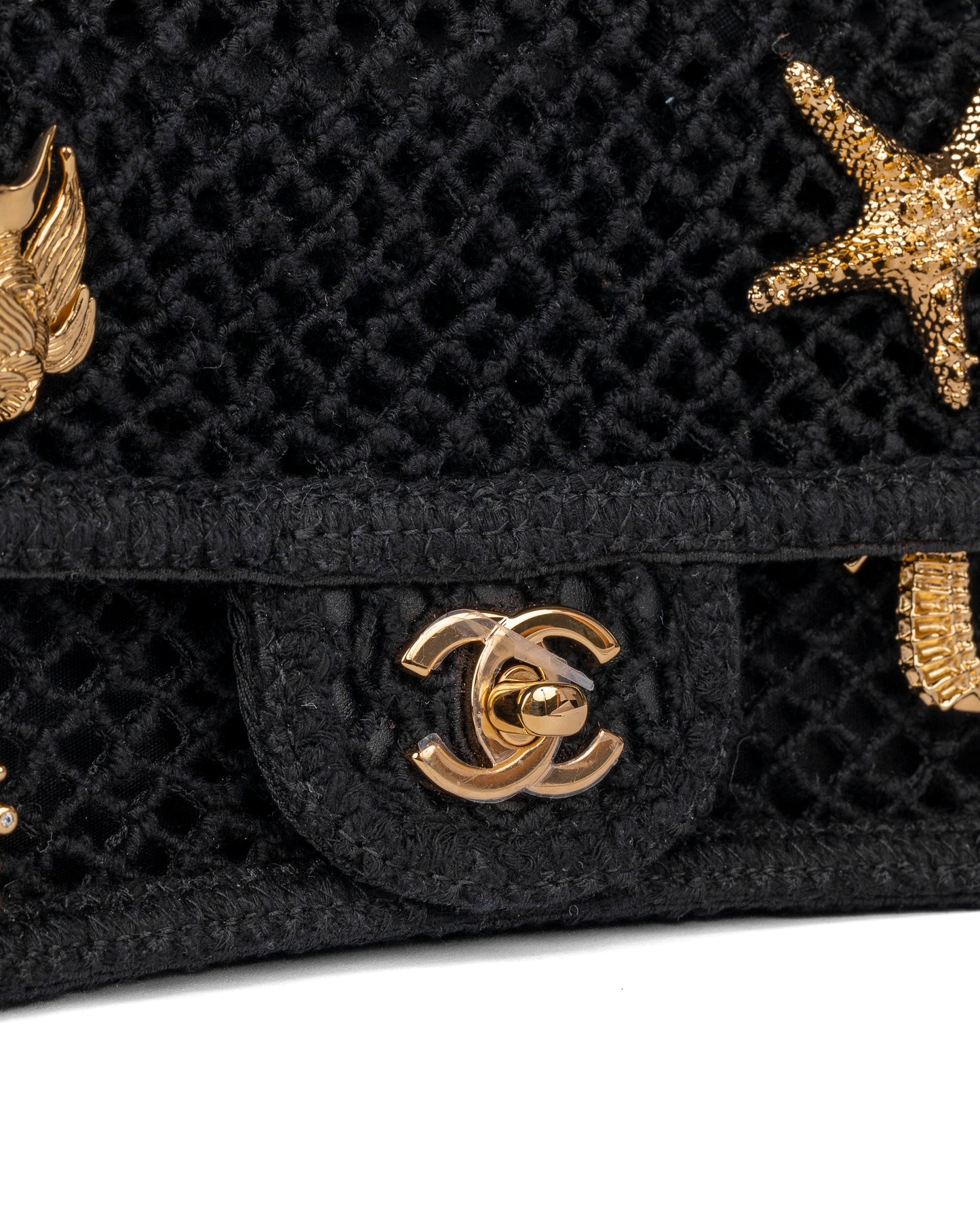 Chanel Small Flap Bag in Black Mesh with Gold-Tone Metal Charms