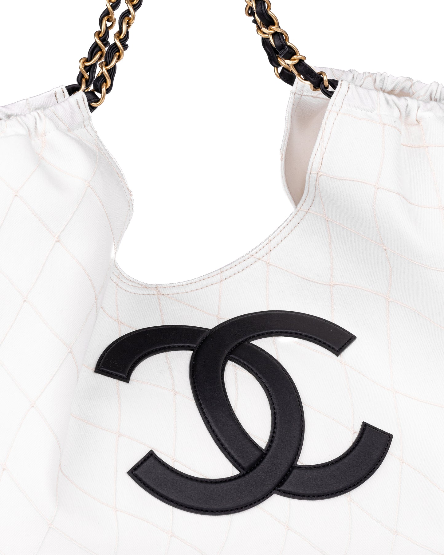 Chanel Large Tote in White Denim with Black Leather CC Logo and Gold-Tone Metal