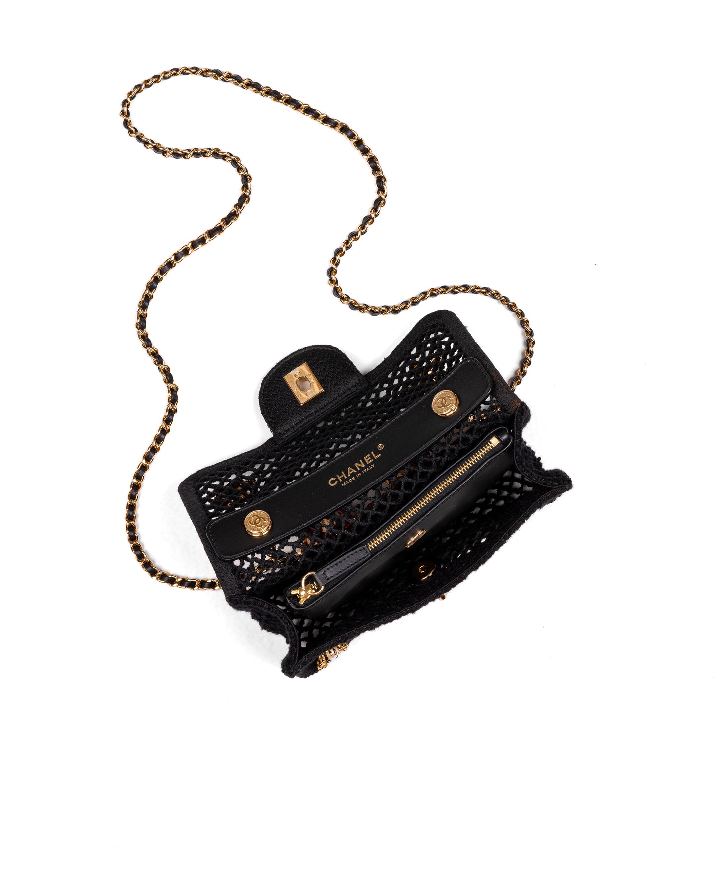 Chanel Small Flap Bag in Black Mesh with Gold-Tone Metal Charms