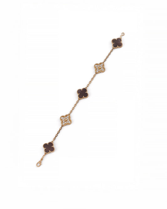 Van Cleef & Arpels Gray Mother of Pearl Rose Gold Diamonds 5 Motifs Vintage Alhambra Bracelet
