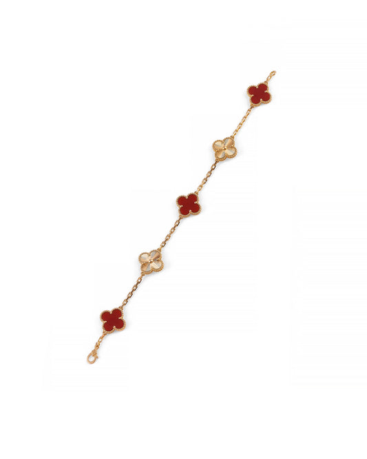 Van Cleef & Arpels 18k Rose Gold Carnelian 5 Motifs Guilloche Vintage Alhambra Bracelet