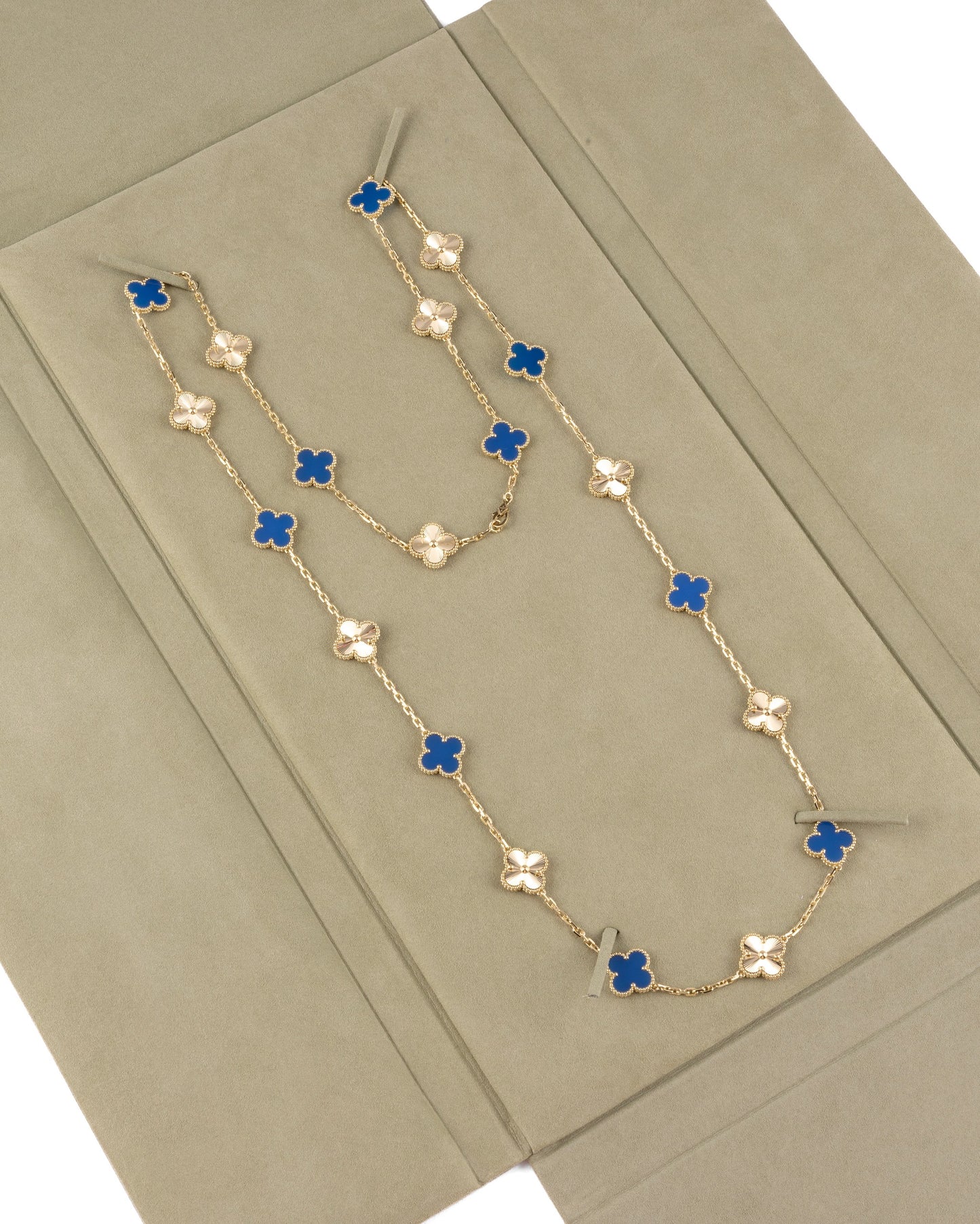 Van Cleef & Arpels Diamond and Guilloche Blue Agate Alhambra Necklace