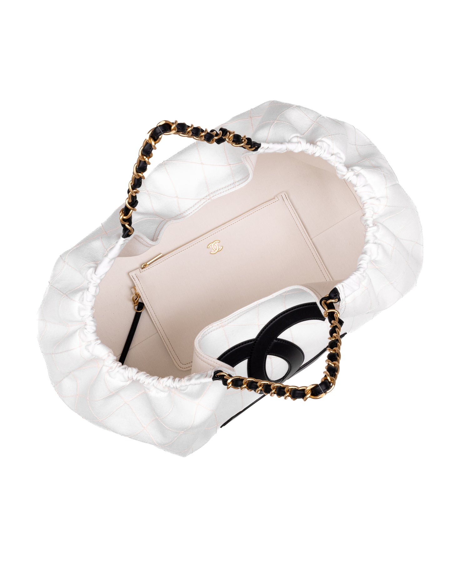 Chanel Large Tote in White Denim with Black Leather CC Logo and Gold-Tone Metal