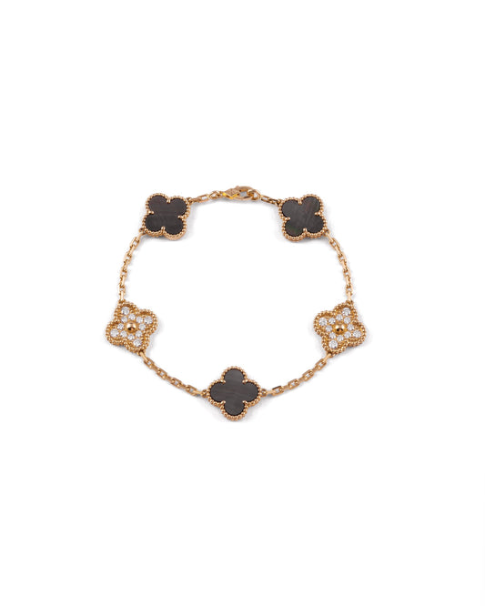 Van Cleef & Arpels Gray Mother of Pearl Rose Gold Diamonds 5 Motifs Vintage Alhambra Bracelet