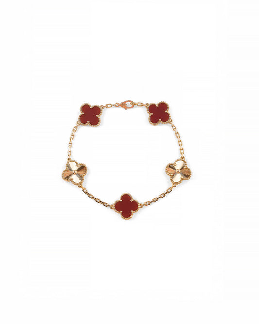 Van Cleef & Arpels 18k Rose Gold Carnelian 5 Motifs Guilloche Vintage Alhambra Bracelet