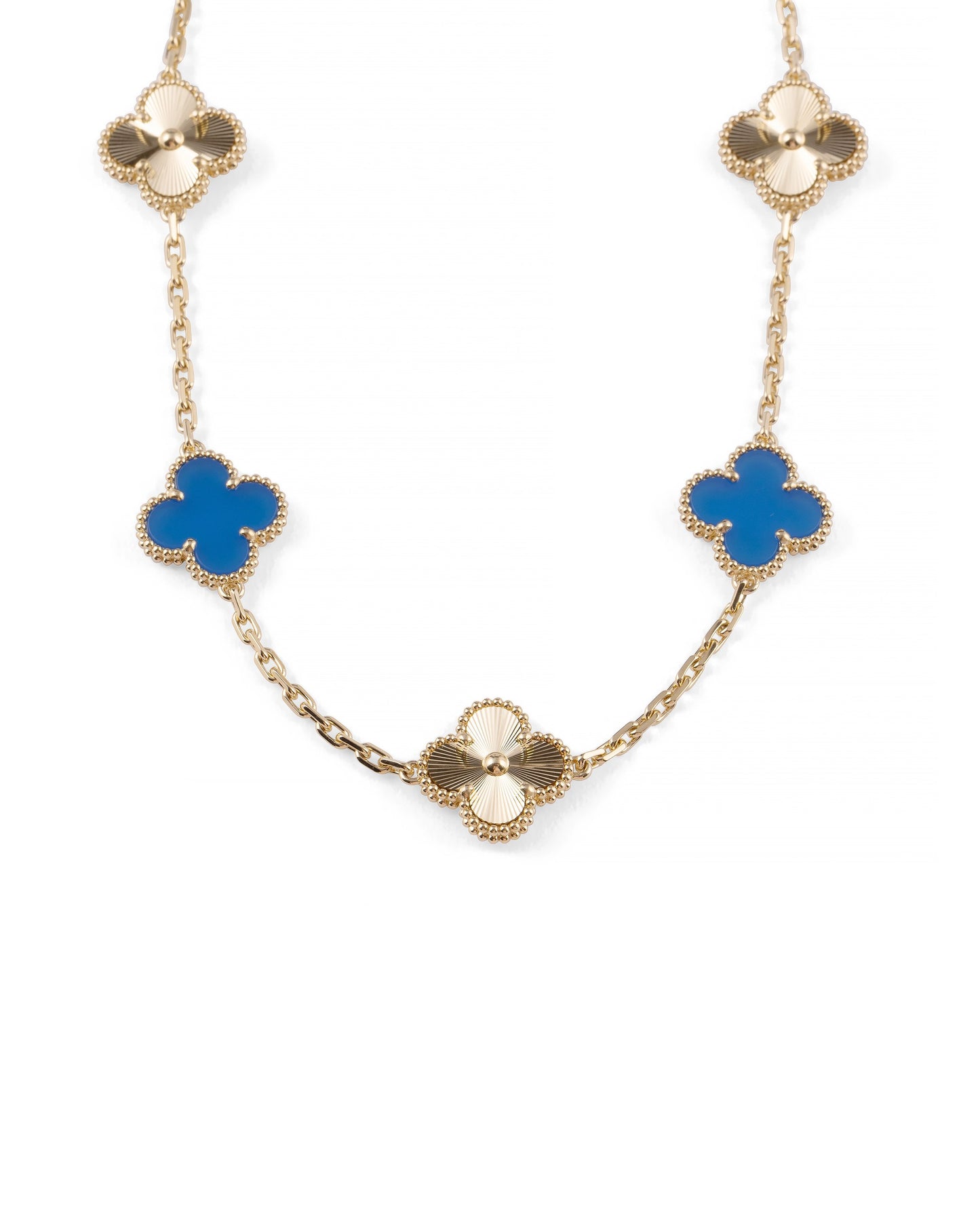 Van Cleef & Arpels Diamond and Guilloche Blue Agate Alhambra Necklace