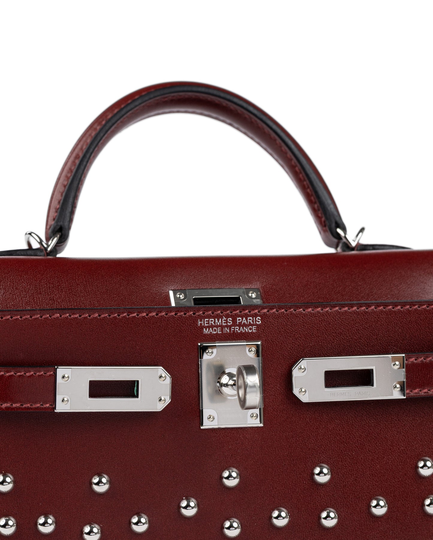 Kelly 20 Clouté in Rouge H Box Leather with Palladium Hardware