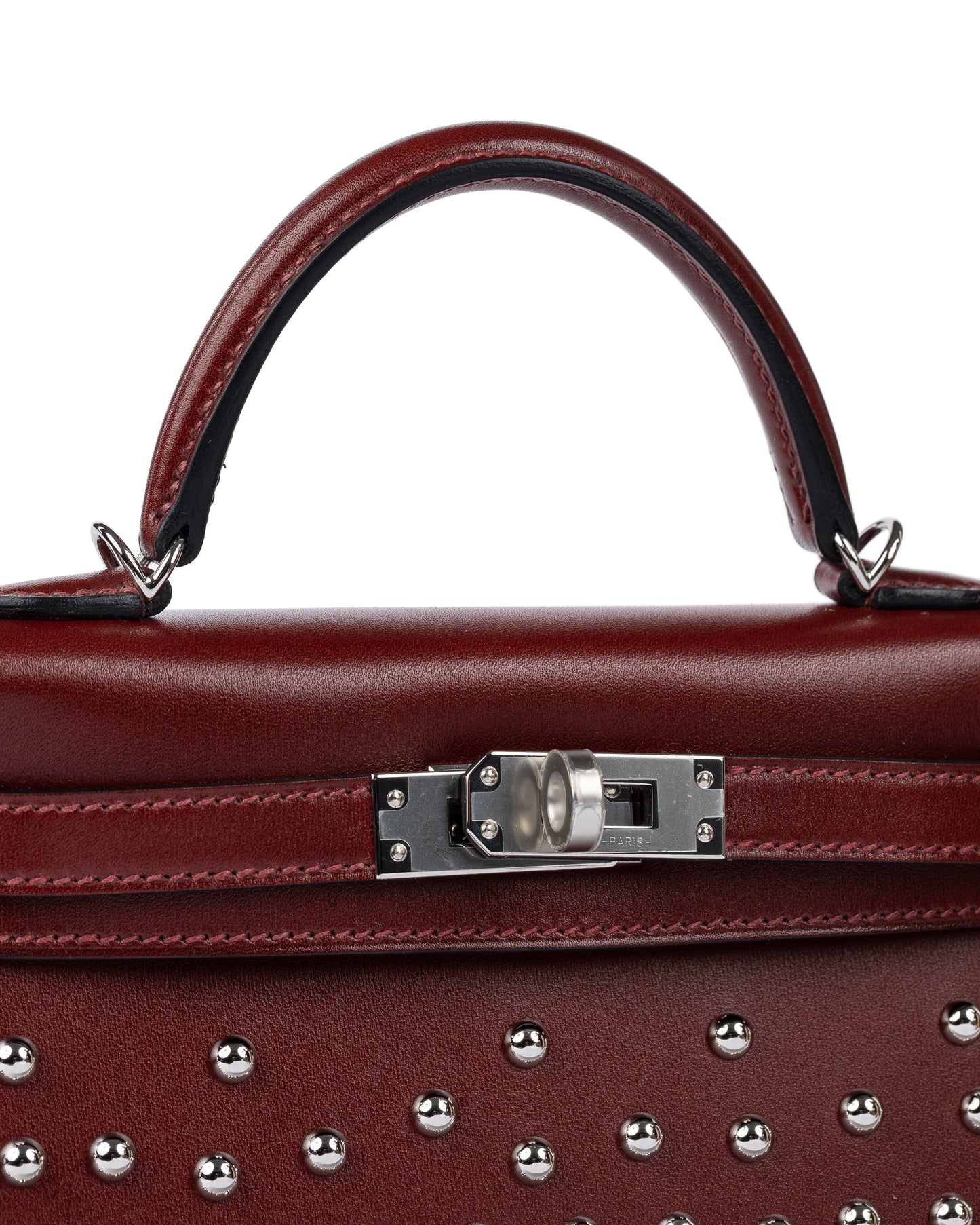 Kelly 20 Clouté in Rouge H Box Leather with Palladium Hardware