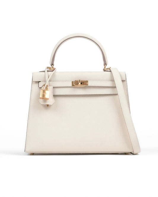 Kelly 25 Sellier Craie in Epsom leather with Gold Hardware