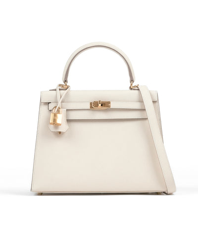 Kelly 25 Sellier Craie in Epsom leather with Gold Hardware