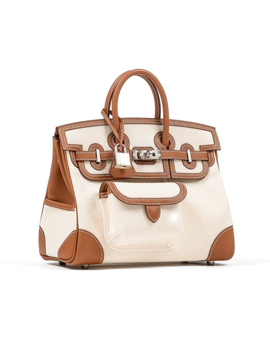 Birkin 25 Cargo in Ecru/Beige Toile H and Gold Swift with Palladium Hardware