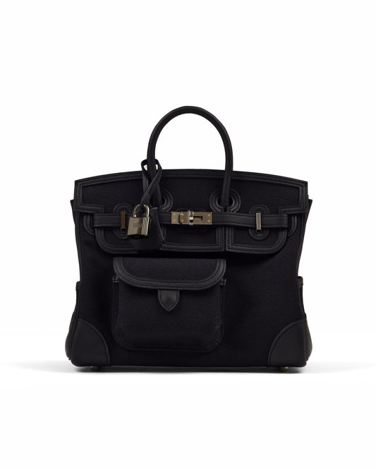 Birkin 25 Cargo in Black Canvas, Bleu Marine Swift Leather & Palladium Hardware