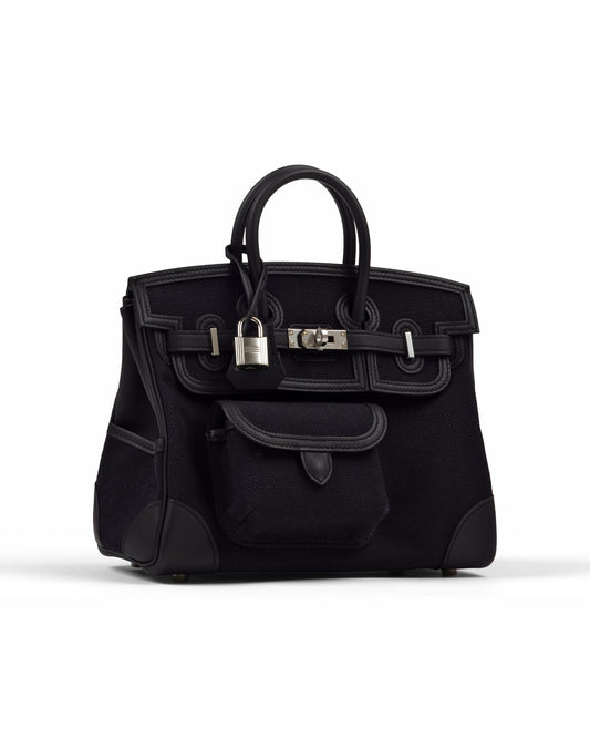 Birkin 25 Cargo in Black Canvas, Bleu Marine Swift Leather & Palladium Hardware
