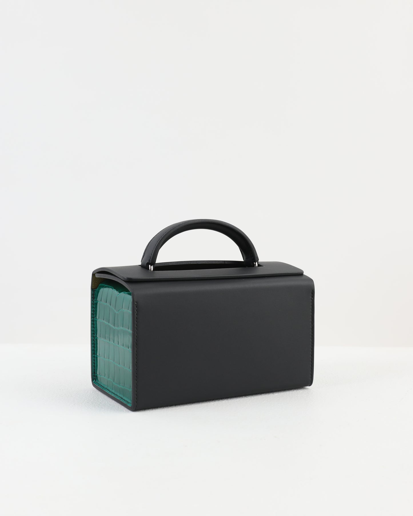 Petit H Boxbag in Hunter Cowhide & Emerald Green Shiny Alligator with Brass Hardware