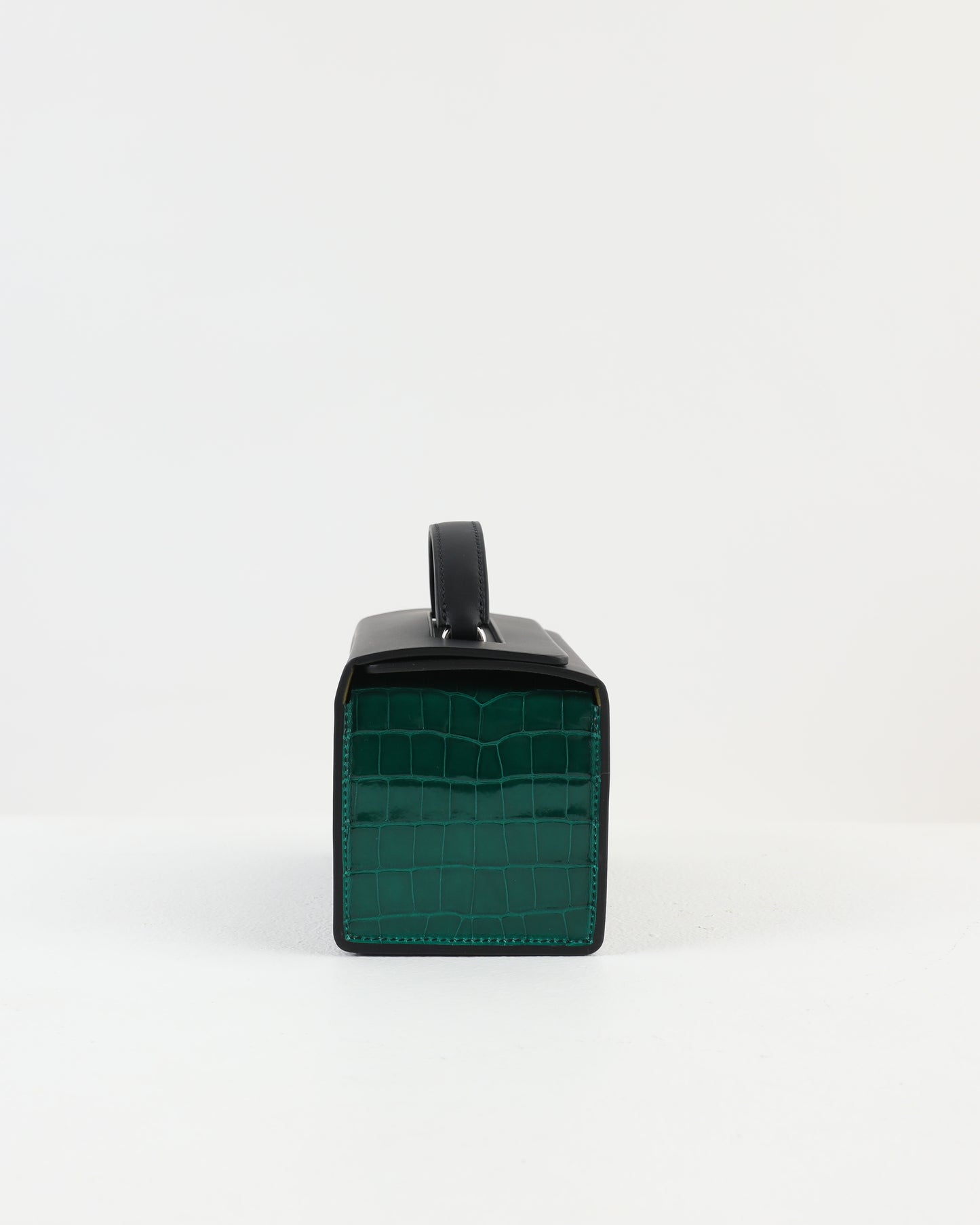 Petit H Boxbag in Hunter Cowhide & Emerald Green Shiny Alligator with Brass Hardware