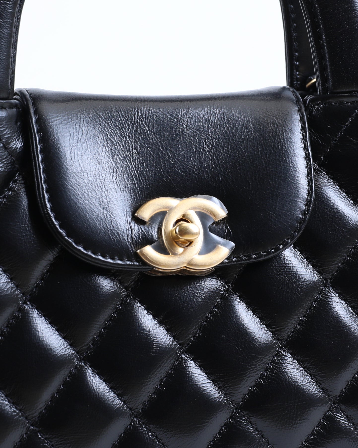 Mini shopping bag, Shiny aged calfskin & gold-tone metal, black