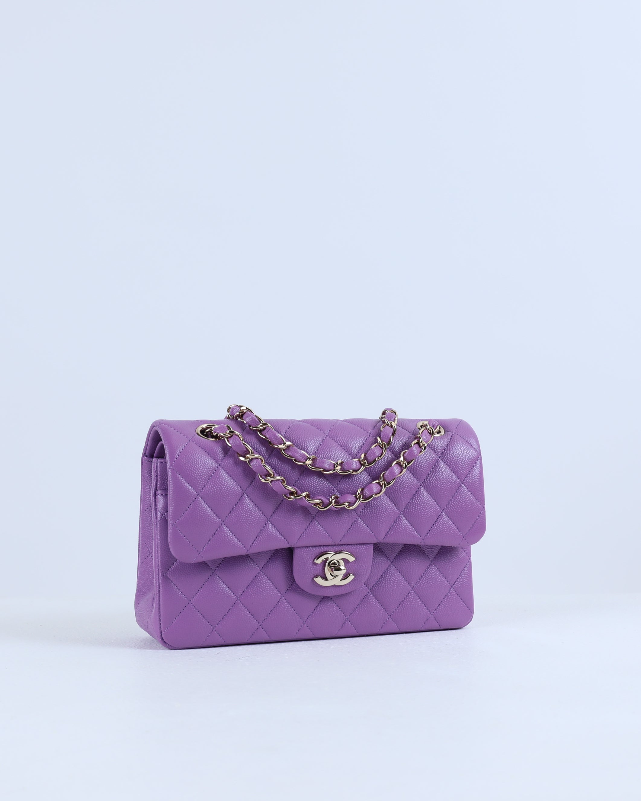 Chanel Purple Quilted Caviar Small Classic Double Flap with Champagne Hardware