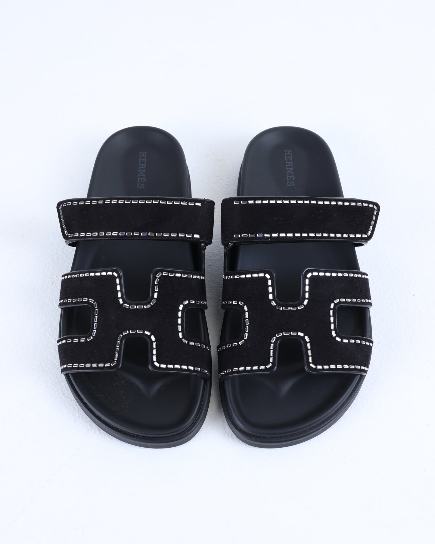 Chypre Sandals in Black Suede with Crystals