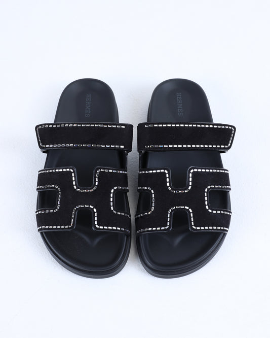 Chypre Sandals in Black Suede with Crystals