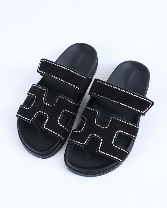 Chypre Sandals in Black Suede with Crystals