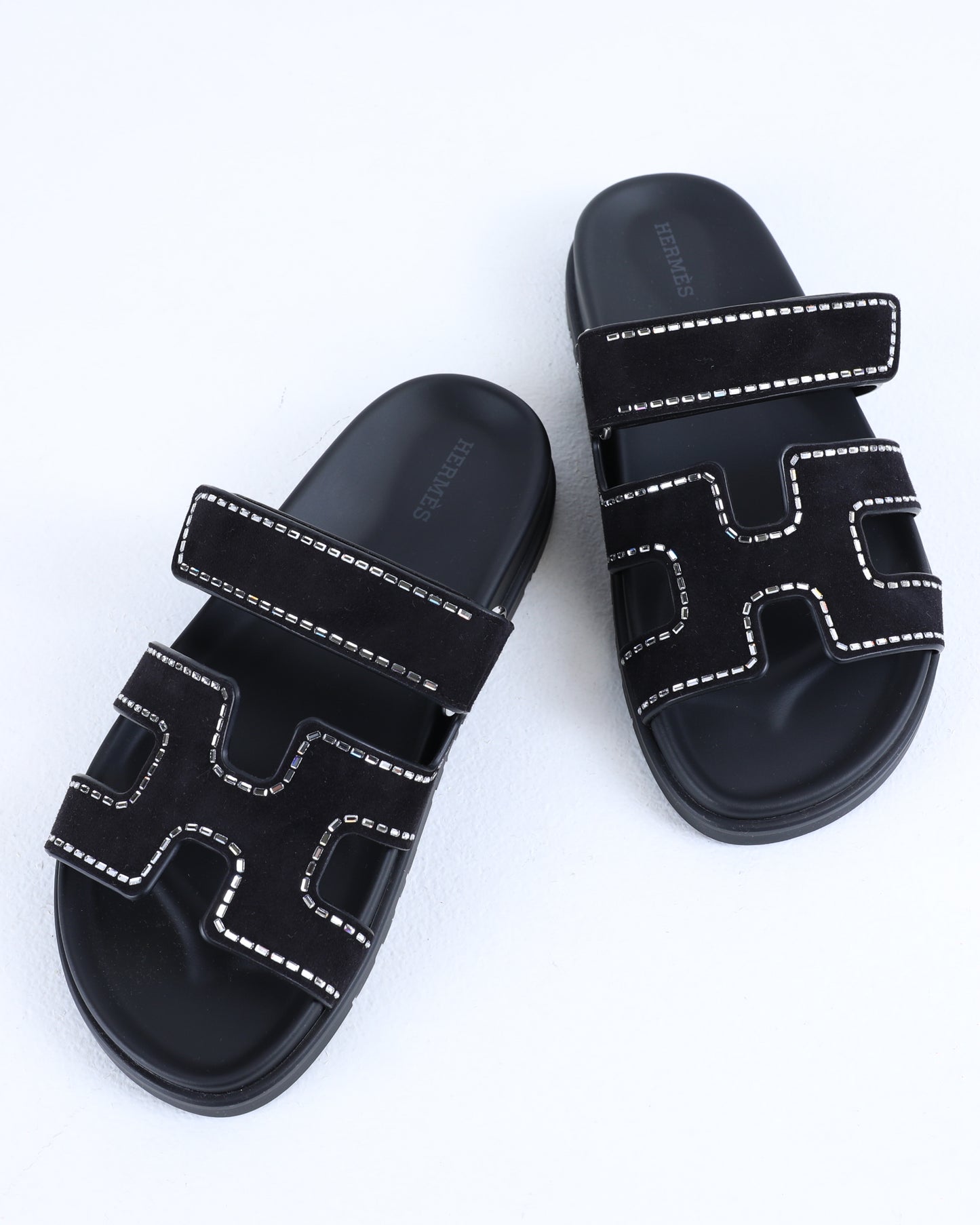 Chypre Sandals in Black Suede with Crystals