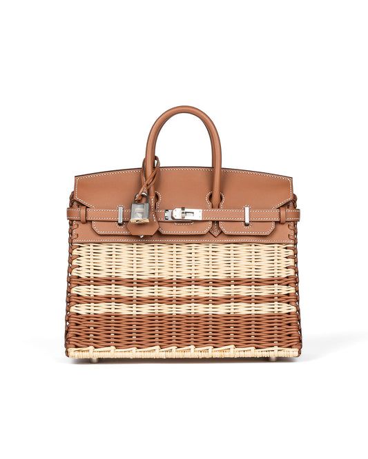 Birkin 25 Picnic Gold in Swift and Stripe Osier Wicker Leather with Palladium Hardware