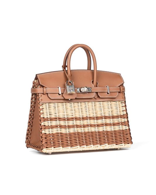Birkin 25 Picnic Gold in Swift and Stripe Osier Wicker Leather with Palladium Hardware