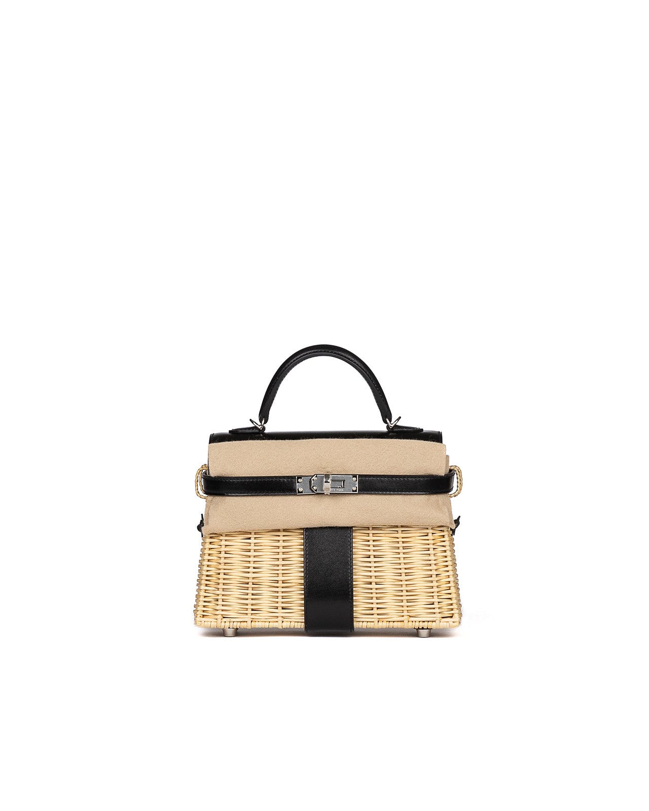Kelly 20 Picnic Black in Box Calfskin and Naturel Osier Wicker Leather with Palladium Hardware