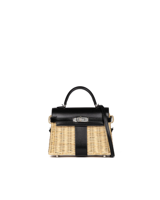 Kelly 20 Picnic Black in Box Calfskin and Naturel Osier Wicker Leather with Palladium Hardware