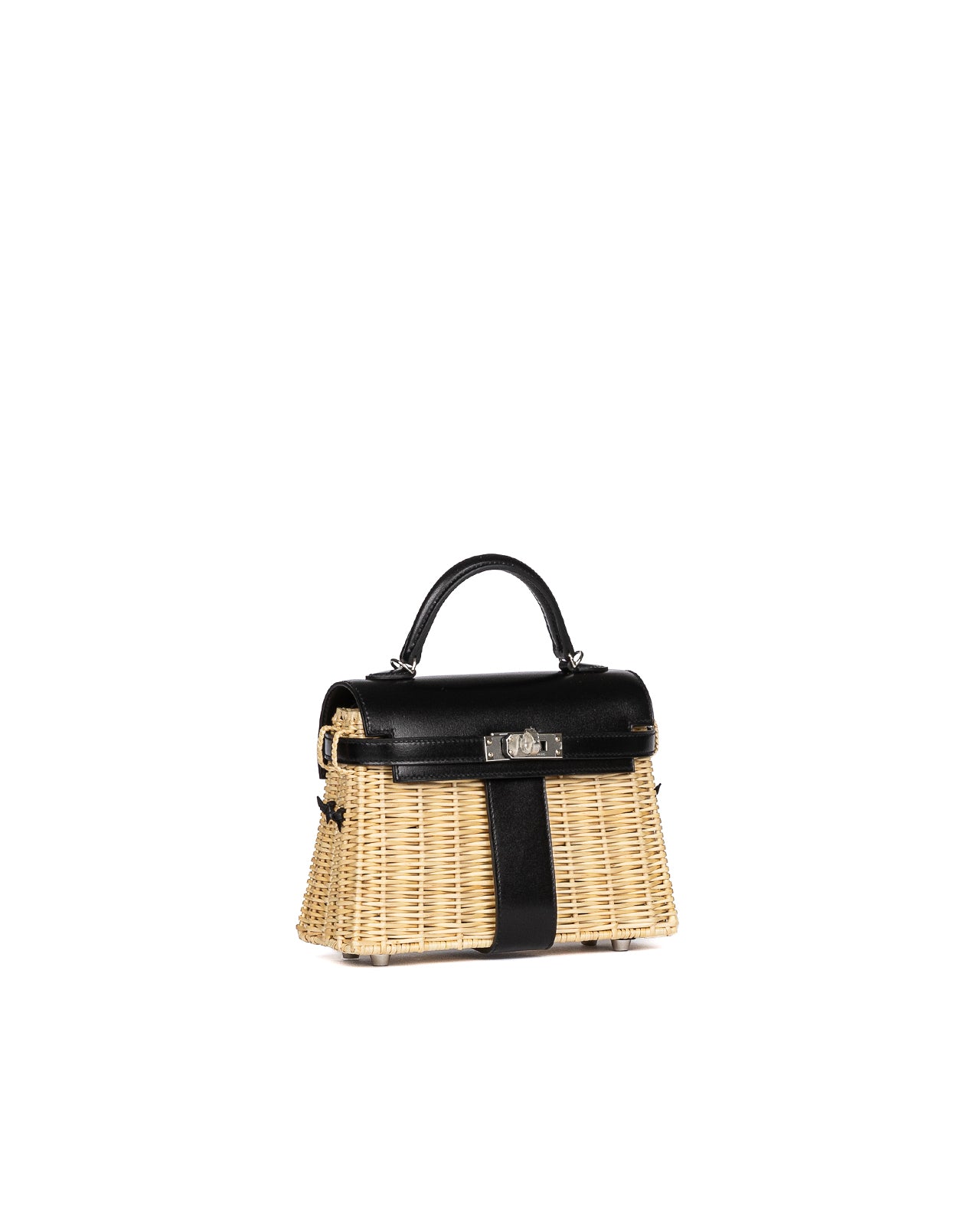 Kelly 20 Picnic Black in Box Calfskin and Naturel Osier Wicker Leather with Palladium Hardware