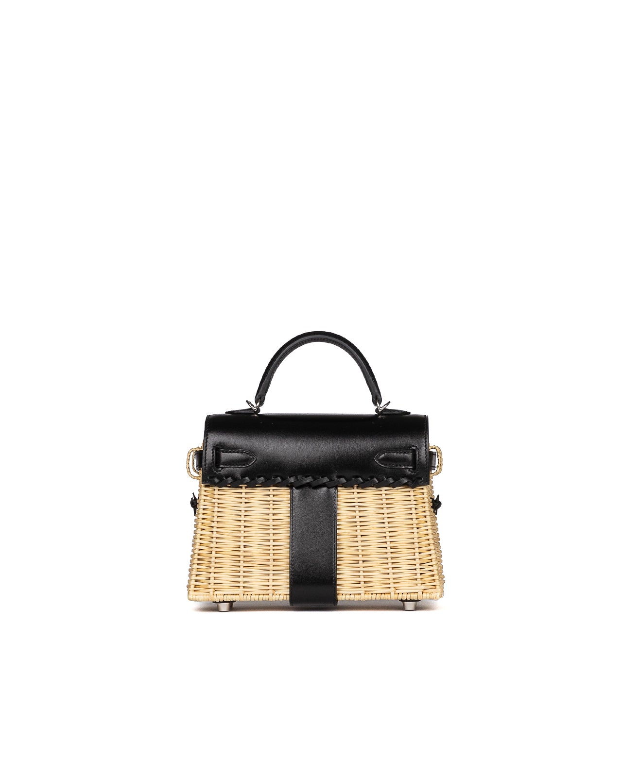 Kelly 20 Picnic Black in Box Calfskin and Naturel Osier Wicker Leather with Palladium Hardware