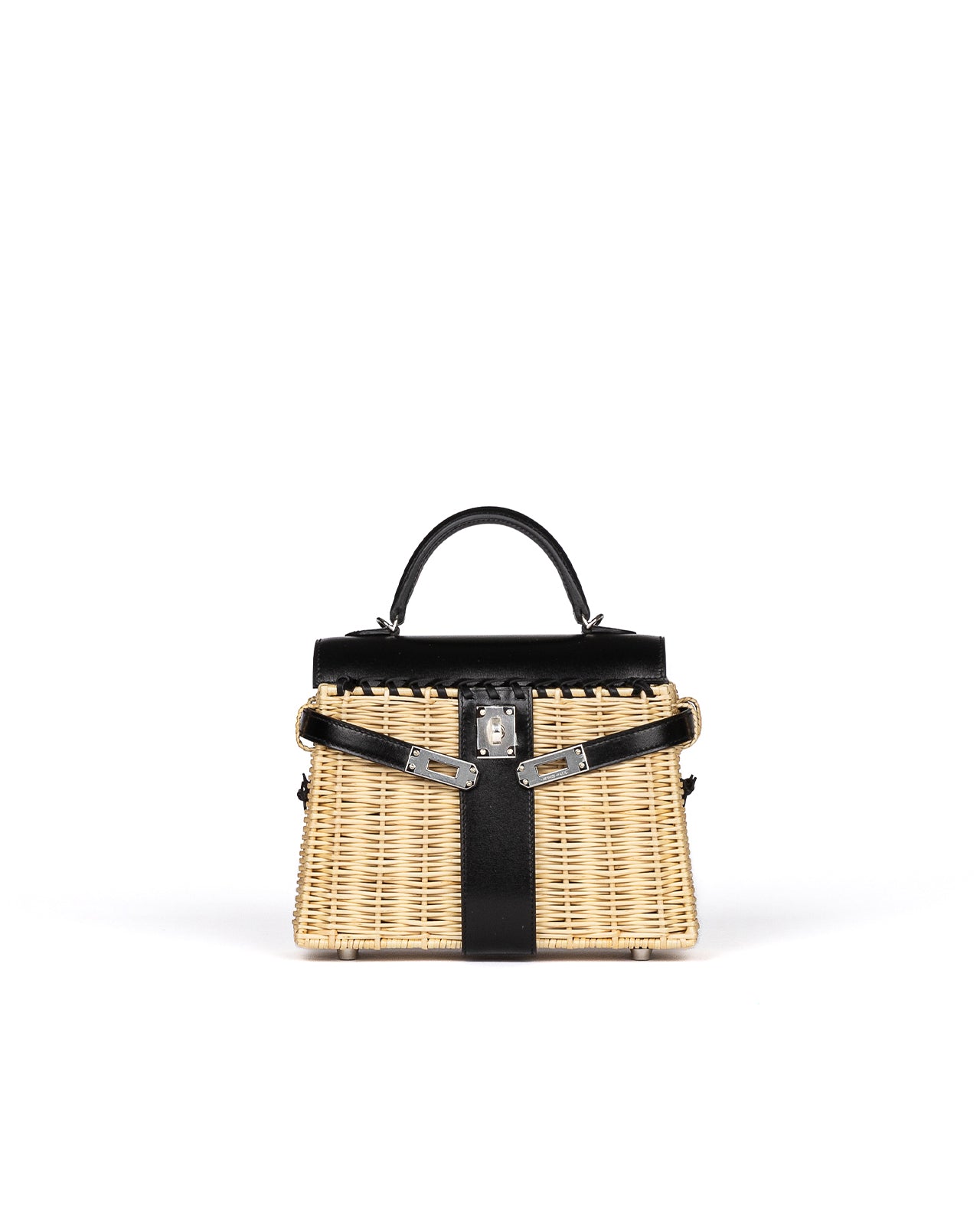 Kelly 20 Picnic Black in Box Calfskin and Naturel Osier Wicker Leather with Palladium Hardware