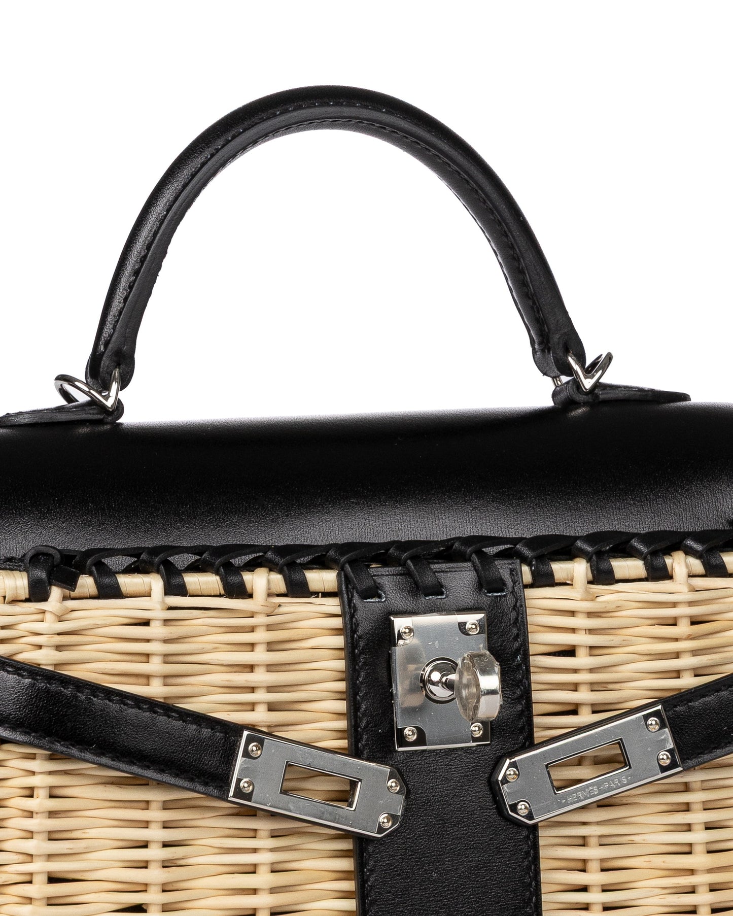 Kelly 20 Picnic Black in Box Calfskin and Naturel Osier Wicker Leather with Palladium Hardware