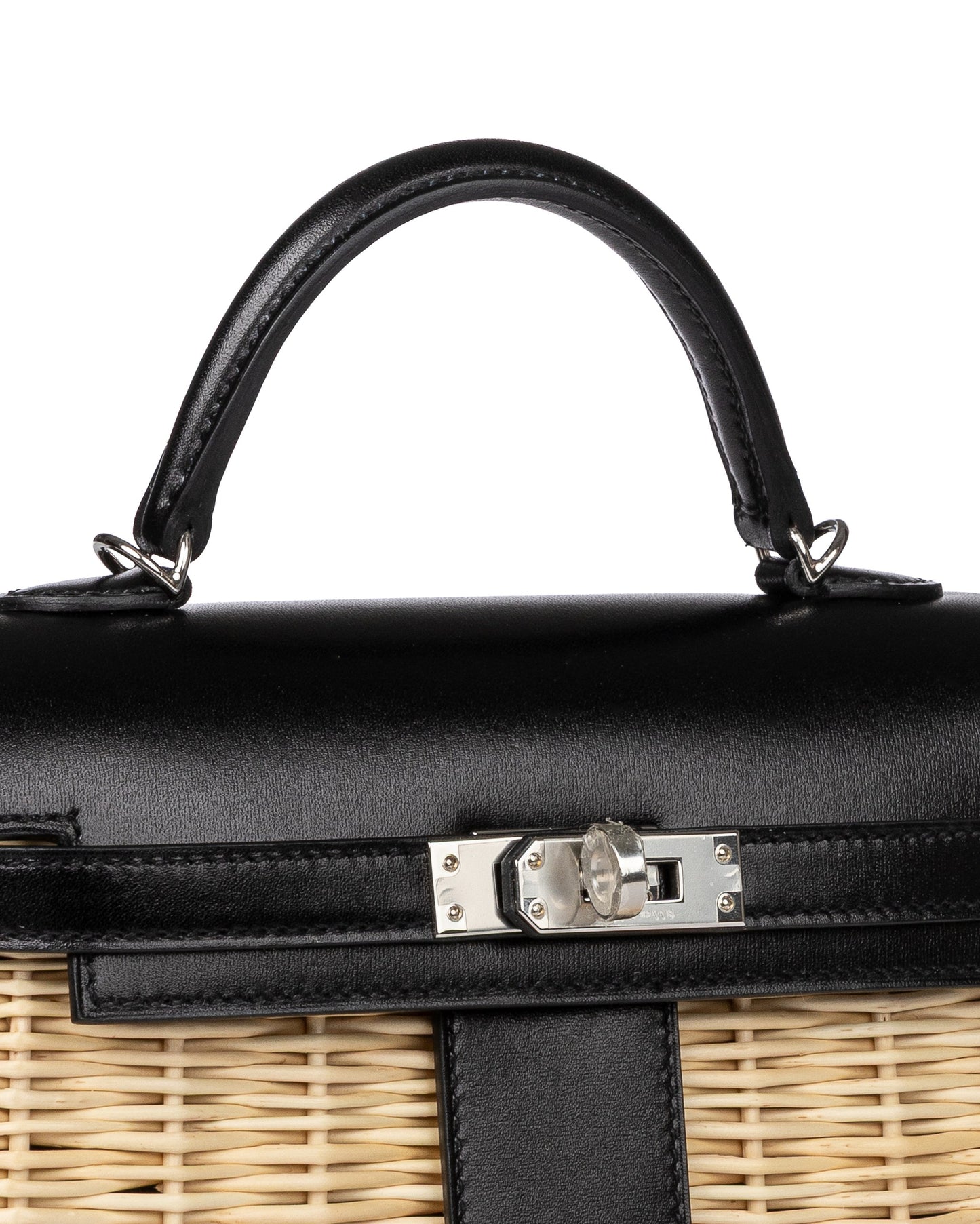 Kelly 20 Picnic Black in Box Calfskin and Naturel Osier Wicker Leather with Palladium Hardware