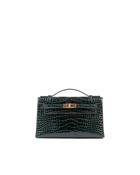 Kelly Pochette Vert Cypress in Shiny Alligator with Gold Hardware