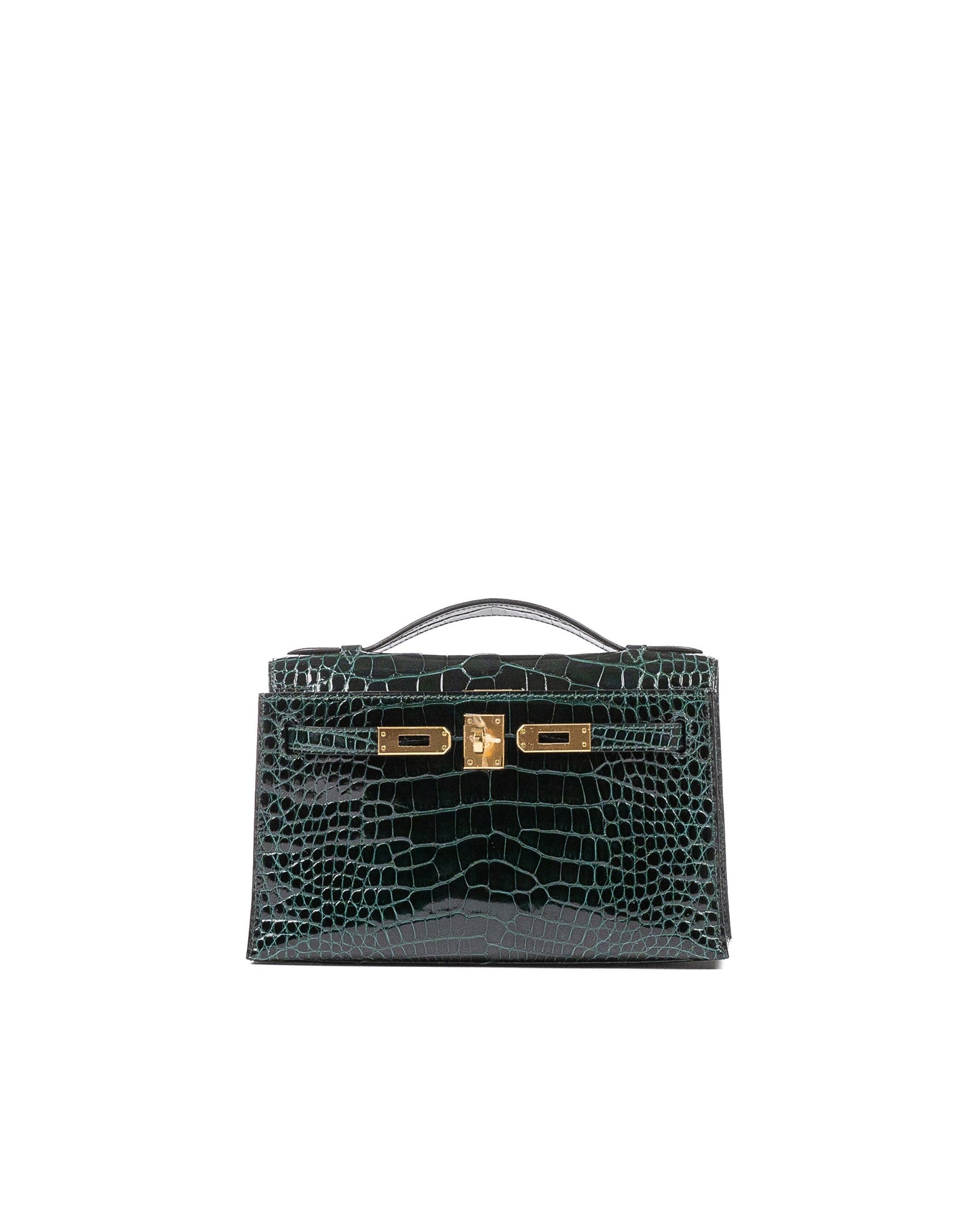 Kelly Pochette Vert Cypress in Shiny Alligator with Gold Hardware