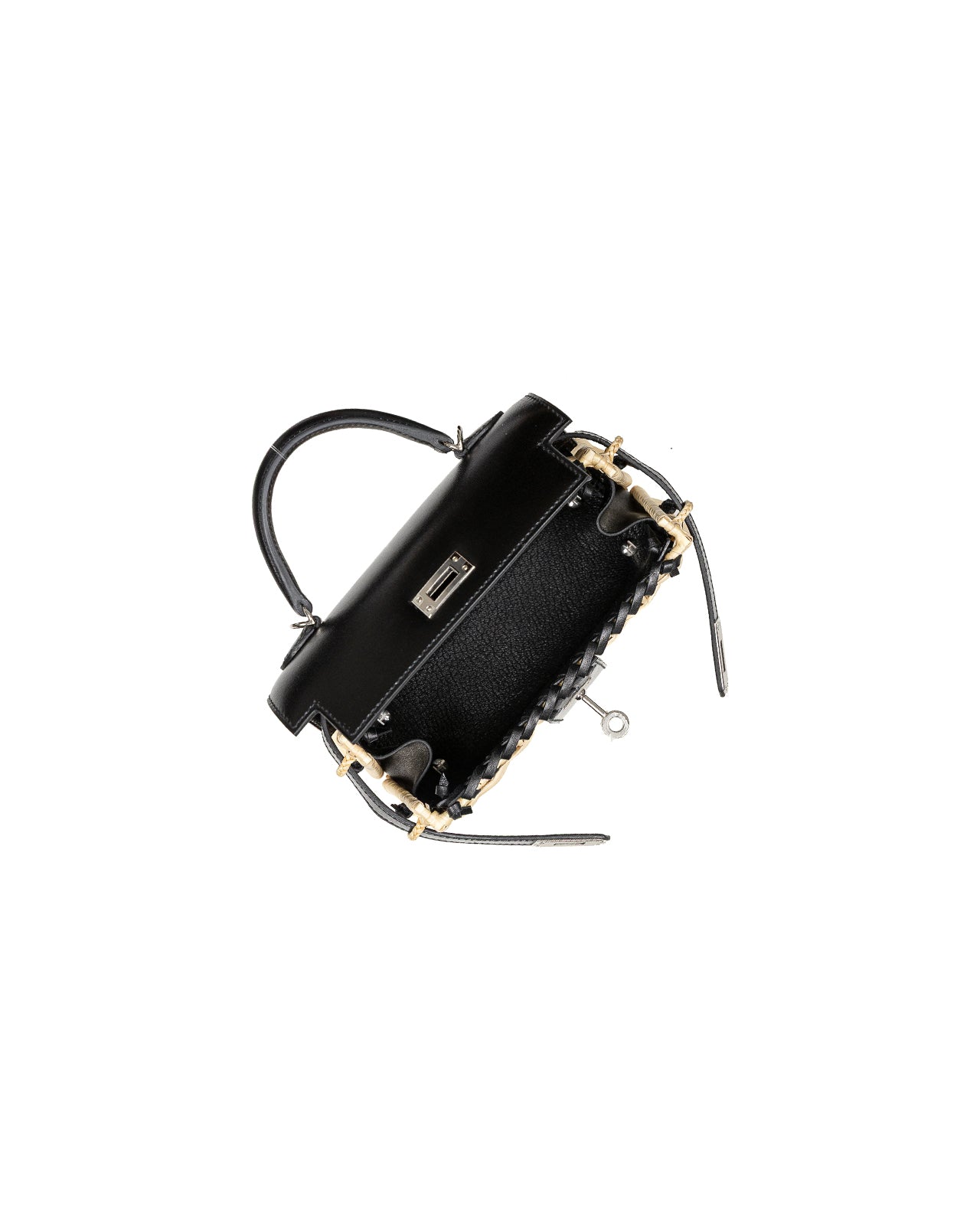 Kelly 20 Picnic Black in Box Calfskin and Naturel Osier Wicker Leather with Palladium Hardware