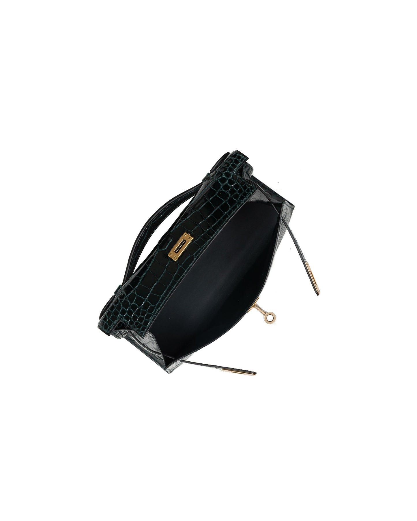 Kelly Pochette Vert Cypress in Shiny Alligator with Gold Hardware