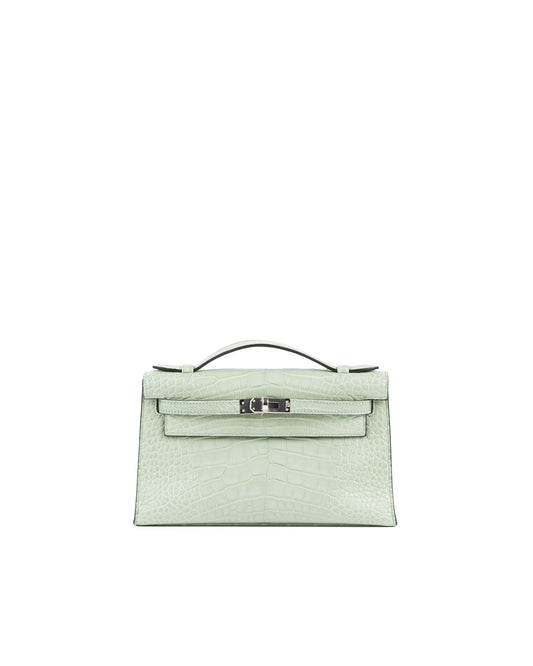 Kelly Pochette Vert d'Eau in Matte Alligator Leather with Palladium Hardware