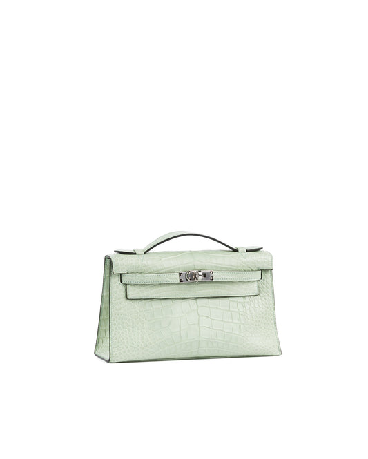 Kelly Pochette Vert d'Eau in Matte Alligator Leather with Palladium Hardware