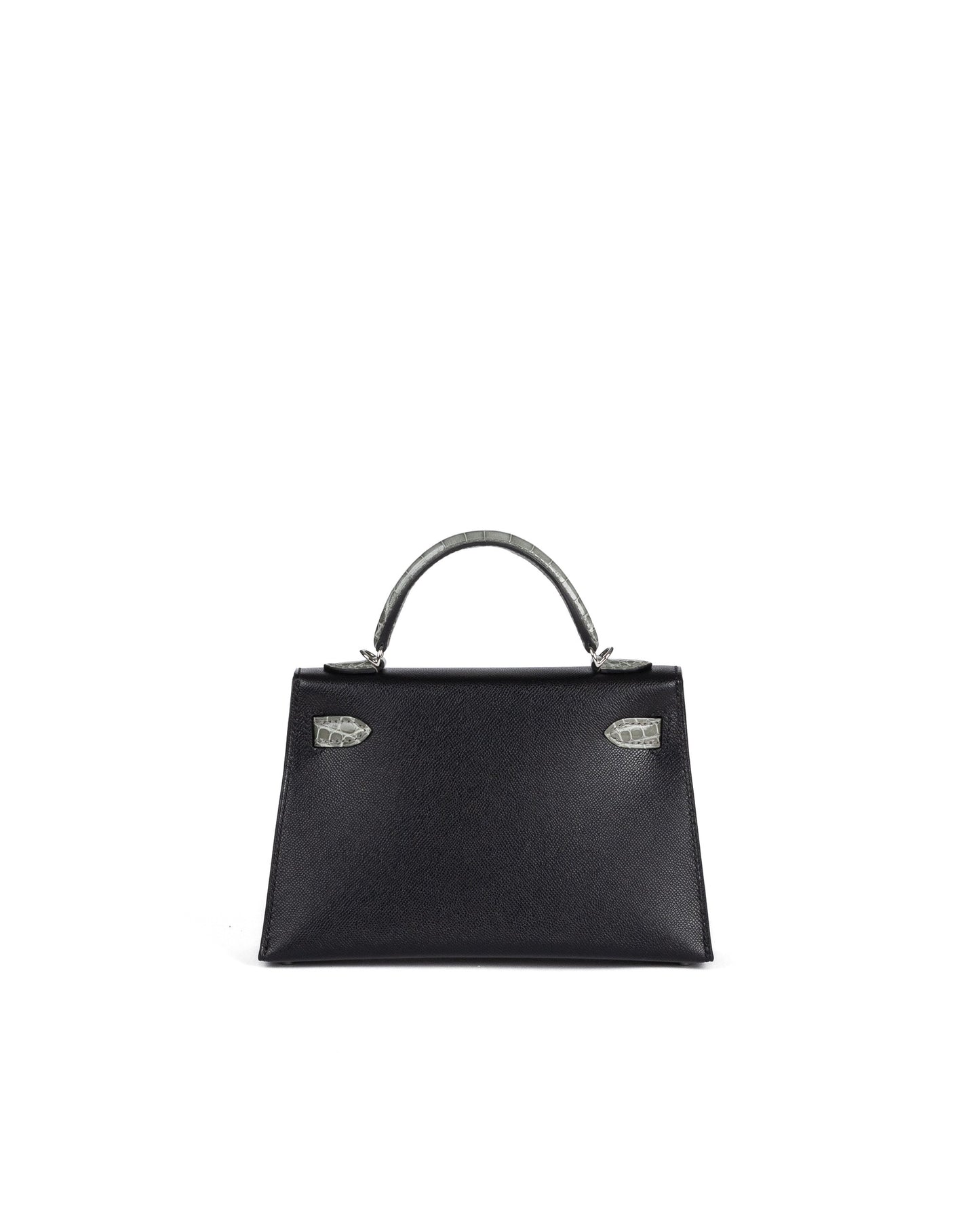 Kelly 20 Sellier Black / Gris Ciment in Shiny Alligator Touch/Madame Leather with Palladium Hardware